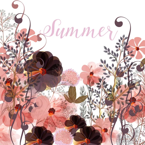 Florale Illustration in rosa Farben mit Feldsommerblumen — Stockvektor