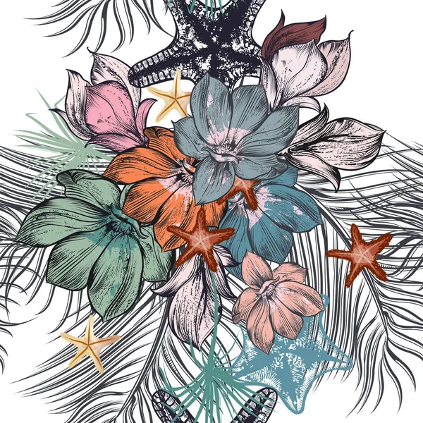 Schönes Illustrationsmuster mit handgezeichneten tropischen Palmenlea — Stockvektor
