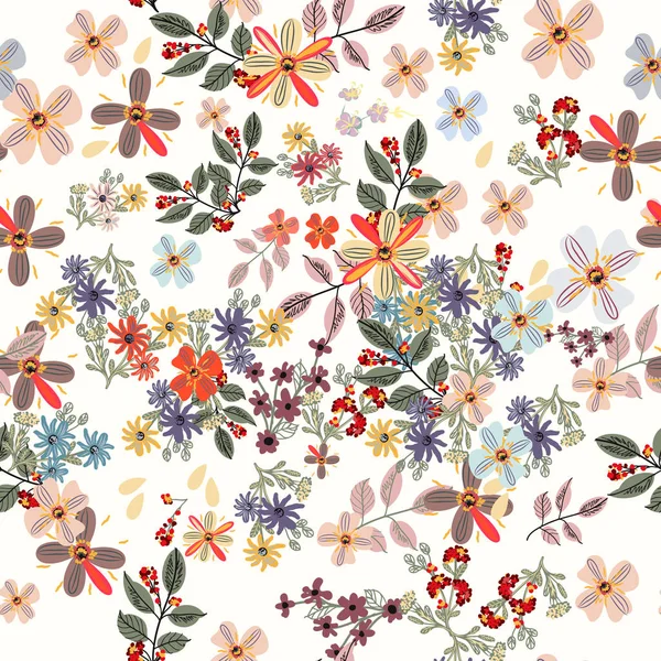 봄 꽃과 함께 꽃 파스텔 컬러 패턴입니다. 귀여운 디자인 촌 — 스톡 벡터