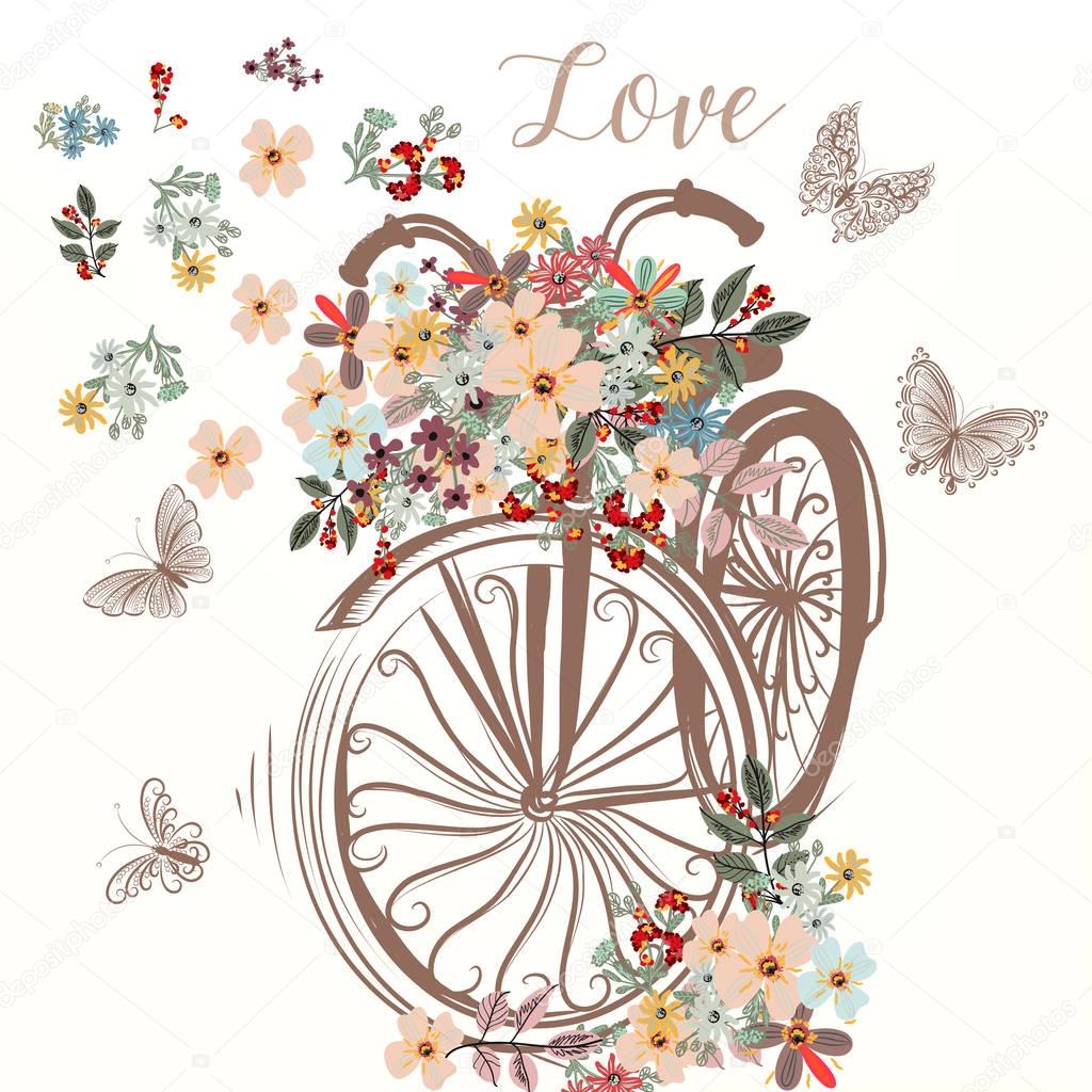 Cute hand drawn bicycle with bunch of spring flowers