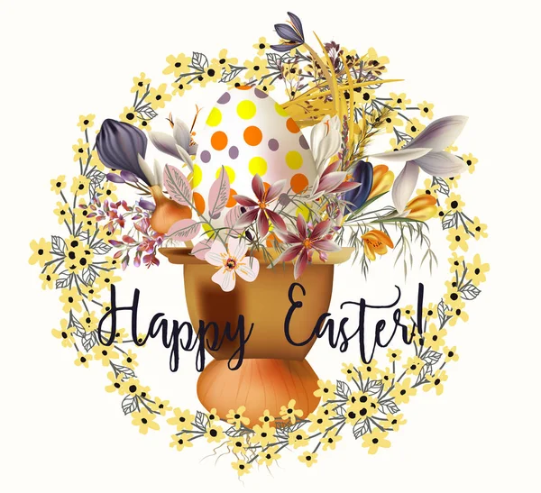 Пасхальна листівка з яйцем і квітами в ретро-стилі — стоковий вектор
