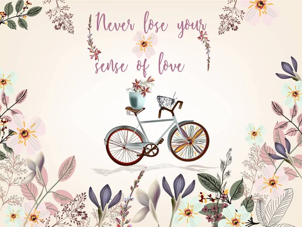 Bonita ilustração primavera com bicicleta e flores bonitas. Nunca. — Vetor de Stock