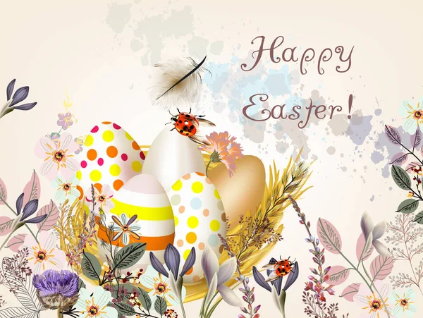 Ostergrußkarte mit bunten Eiern und Frühlingsblumen — Stockvektor