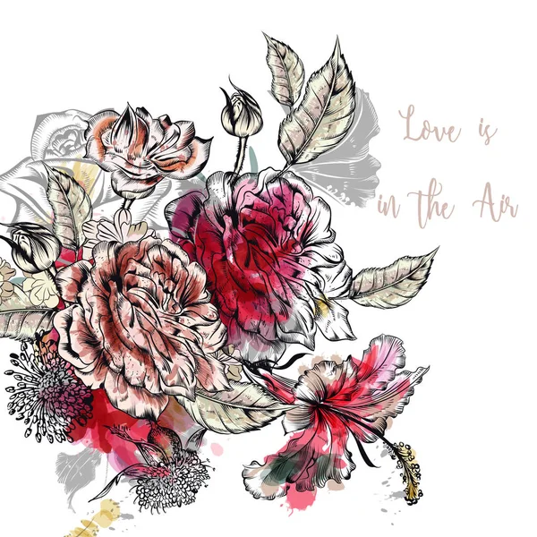 Illustration élégante avec des fleurs roses. L'amour est dans l'air — Image vectorielle
