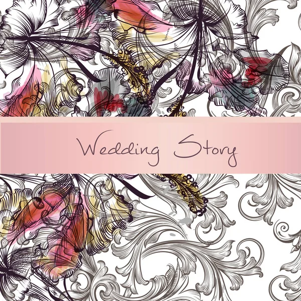 Svatební Pozvánka s kudrlinkami a květiny — Stockový vektor