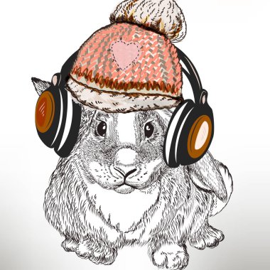 Hippi moda illüstrasyon tavşan ile headpho müzik dinle