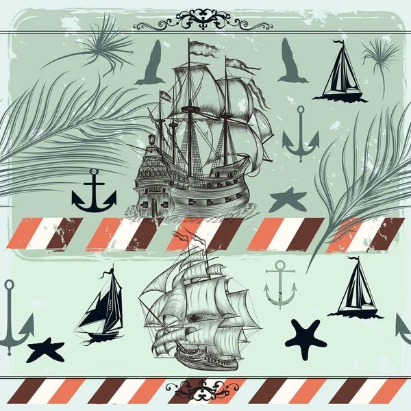 Modello antico o illustrazione con foglie di palma e navi. Mare o — Vettoriale Stock