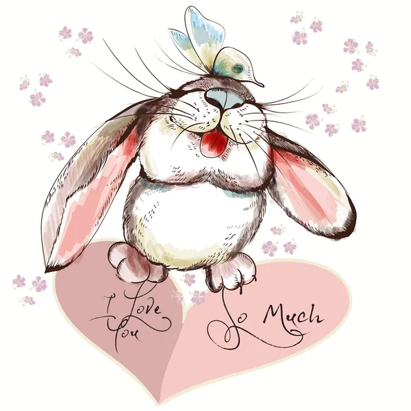 Mignon et joli lapin avec papillon tenant coeur rose. Valenti — Image vectorielle