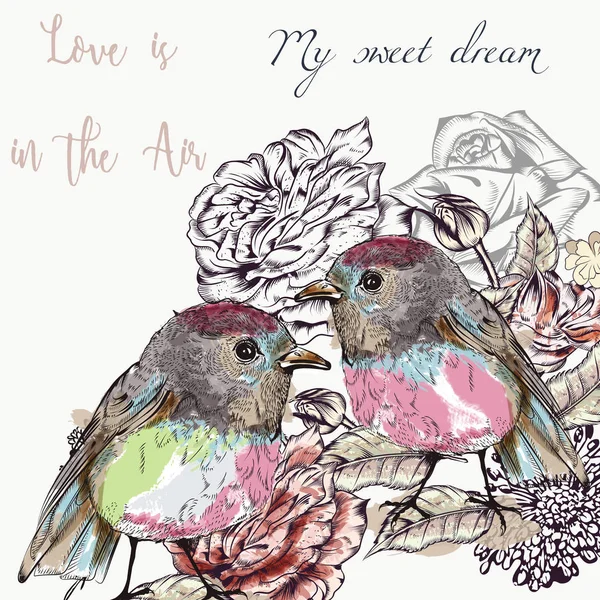 Linda ilustración vectorial con un par de pájaros prettry. El amor es yo — Vector de stock