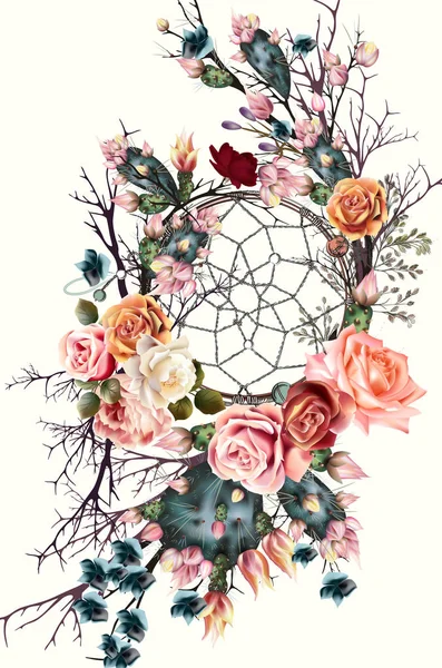 Bella illustrazione boho con acchiappasogni, fiori di rosa e — Vettoriale Stock