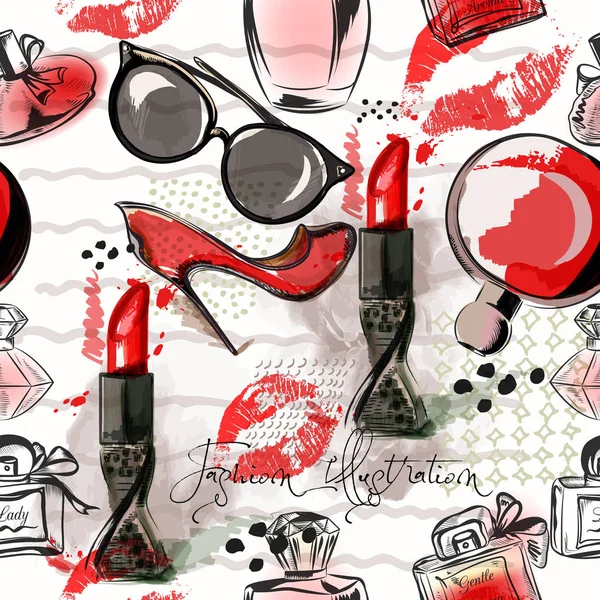 Modeillustration oder Muster mit rotem Lippenstift, Schuhen, Glas — Stockvektor