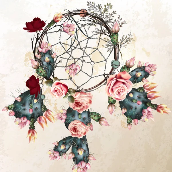 Grunge vector boho bakgrund med indiska dreamcatcher och rose — Stock vektor