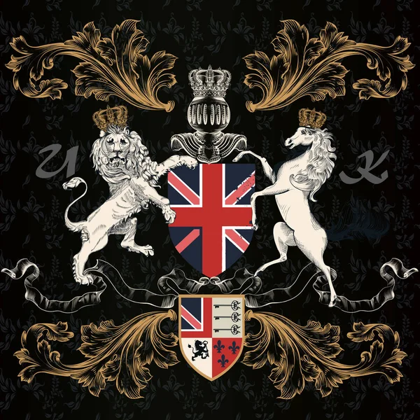 Design inglês heráldico com leão e cavalo em estilo vintage — Vetor de Stock
