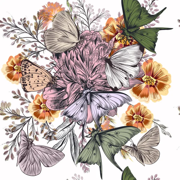 Красива ілюстрація з трояндами, польовими квітами та метеликами — стоковий вектор