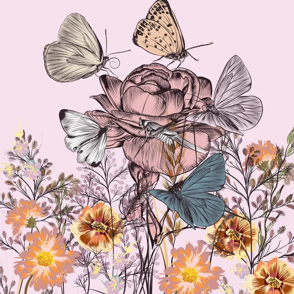 Gül, alan çiçekler ve kelebekler botanik arka plan — Stok Vektör