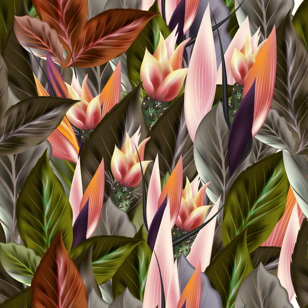 Wunderschönes tropisches Muster mit grünen und orangen Blättern — Stockvektor