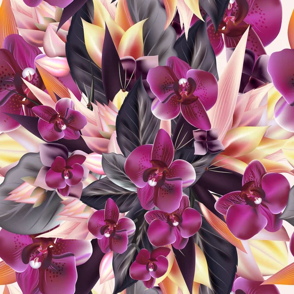 Mode motif tropical avec des fleurs d'orchidée et des feuilles — Image vectorielle