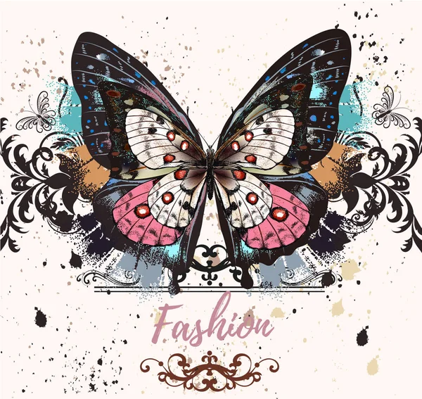 Ilustración de moda con mariposa colofrul y manchas de tinta, grun — Vector de stock
