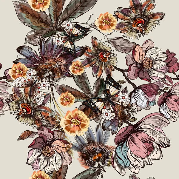 Schönes botanisches Illustrationsmuster in Aquarell mit Zeichnung — Stockvektor