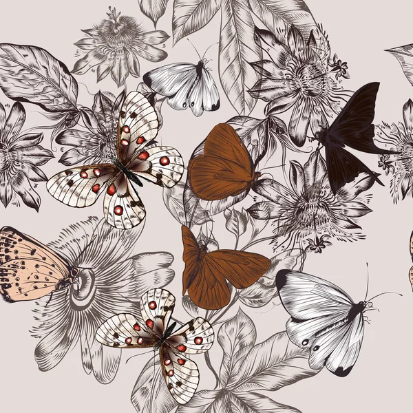 Vackert mönster med fjärilar och ritade vintage blommor — Stock vektor