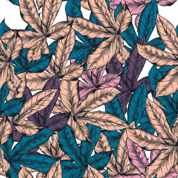 Schönes Muster mit handgezeichneten tropischen Blättern — Stockvektor