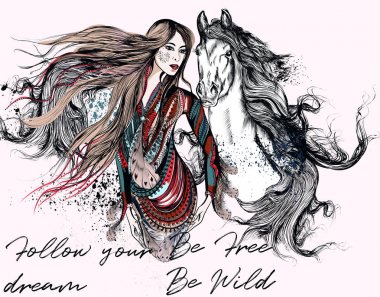 Moda trendy resimde güzel boho kızla. Trendy wee