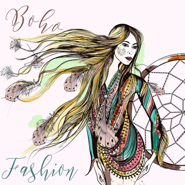 Moda ilustração da moda com bela menina boho. Fim de semana moderno —  Vetores de Stock