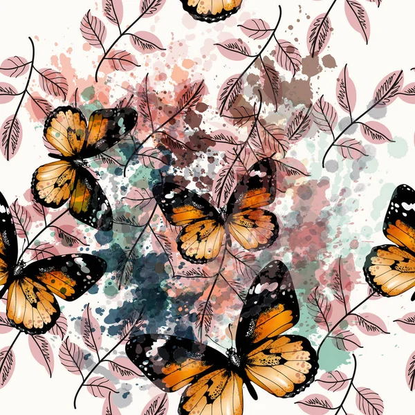 Patrón vectorial floral con manchas de tinta y mariposas — Vector de stock