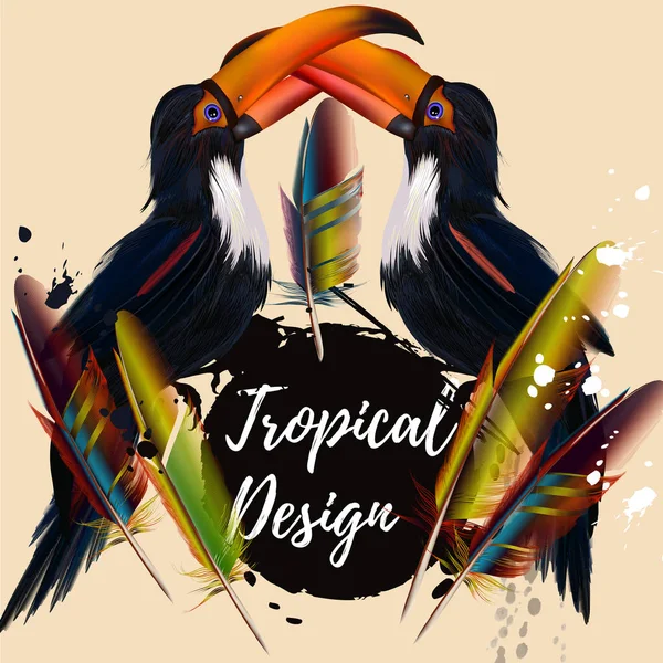 Beautiful tropical poster or banner with toucans and colorful fe — Stock Vector