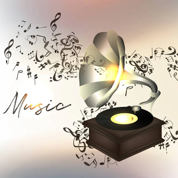 Fond musical ou illustration avec notes et gramophone — Image vectorielle