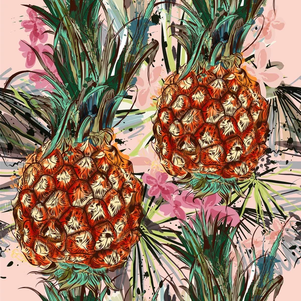 Tropische patroon met ananas, palm bladeren en spots — Stockvector
