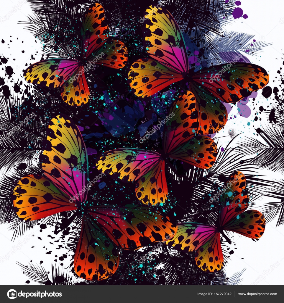 Butterfly floral pattern on tropical theme with palm leafs Stock Vector