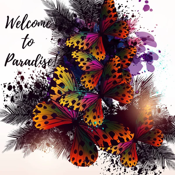 Butterfly floral poster or illustration on tropical theme with p — Stock Vector