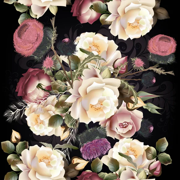 Βοτανική floral μοτίβο με τα ροδαλά λουλούδια για σχεδιασμό. Ιδανικό για — Διανυσματικό Αρχείο