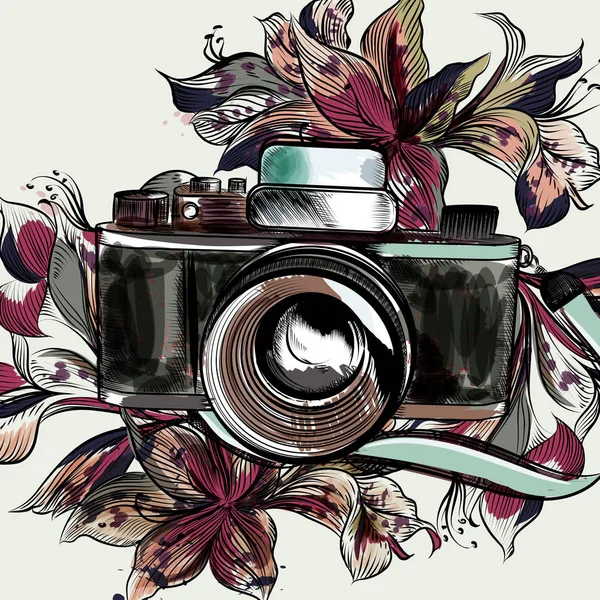Linda ilustración con cámara hipster y flores — Archivo Imágenes Vectoriales
