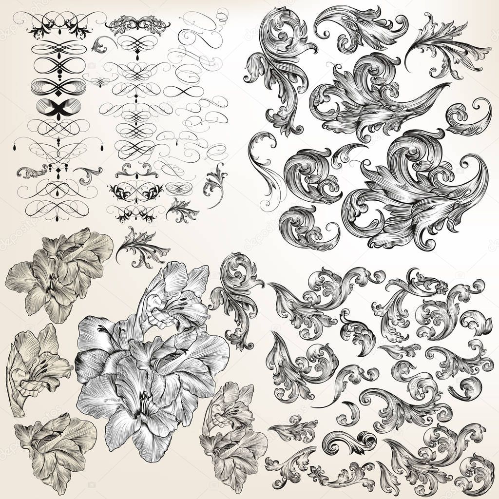 Huge set of vector flourishes, swirls and hand drawn flowers
