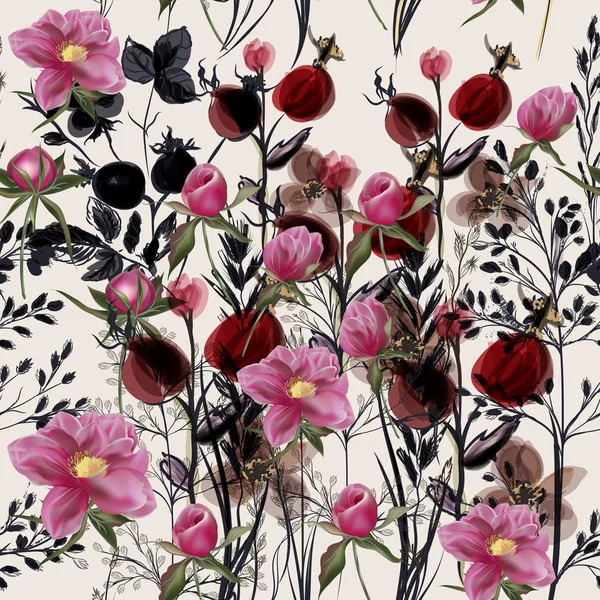 Цветочный векторный рисунок с пионом и растениями. Винтажный прованс — стоковый вектор