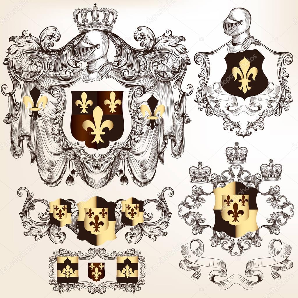 Set of vector heraldic design elements with  coat of arms in vin
