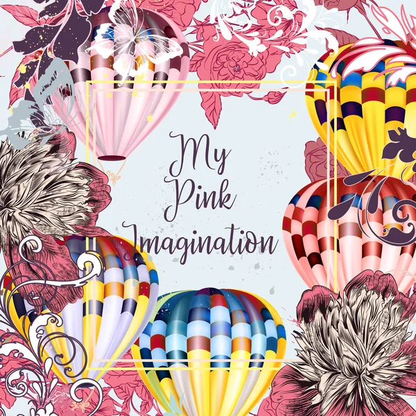 Ilustração de moda bonito na cor rosa com balões e flor —  Vetores de Stock