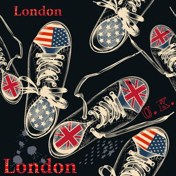 Fashion seamless pattern with sports boots decorated by British — Stock Vector