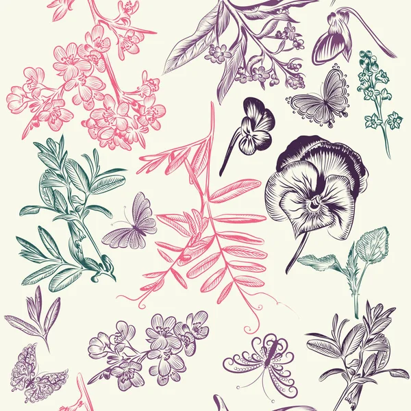 Квітковий безшовний візерунок з квітами та метеликами — стоковий вектор
