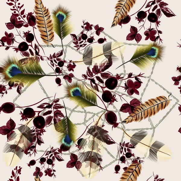 Ilustración de moda con plumas y hojas — Archivo Imágenes Vectoriales