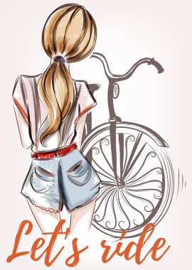 Moda resimde güzel kız geri duran ve bicyc ile