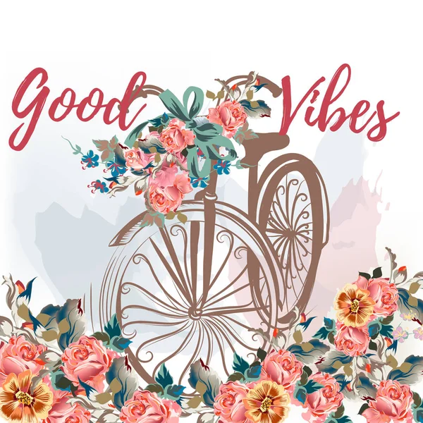 Linda ilustración rústica con bicicleta dibujada a mano y rosas. Idea. — Vector de stock