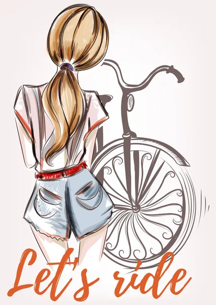 Ilustração de moda com menina bonita de pé para trás e bicyc —  Vetores de Stock