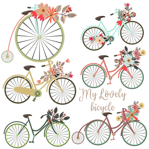 A Set of vector cute bicycles with flowers for design. Ideal for — Stock Vector