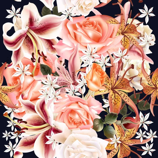Belo padrão floral com rosas e lírio em estilo aquarela — Vetor de Stock