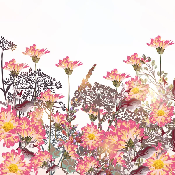 场与花在粉红色的背景 — 图库矢量图片
