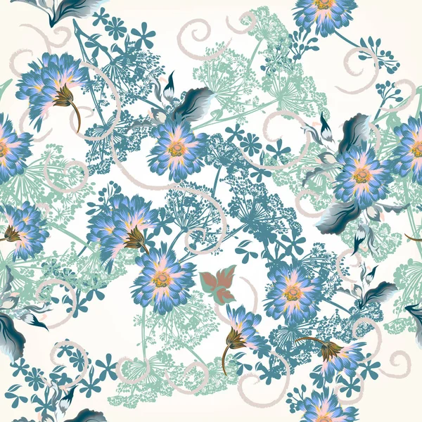 Bloemmotief met blauwe bloemen en planten — Stockvector