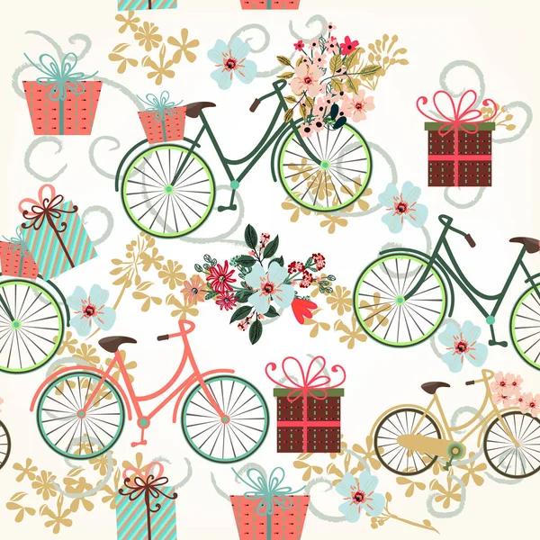 Floral wallpaper pattern with bicycles and flowers — Stock Vector